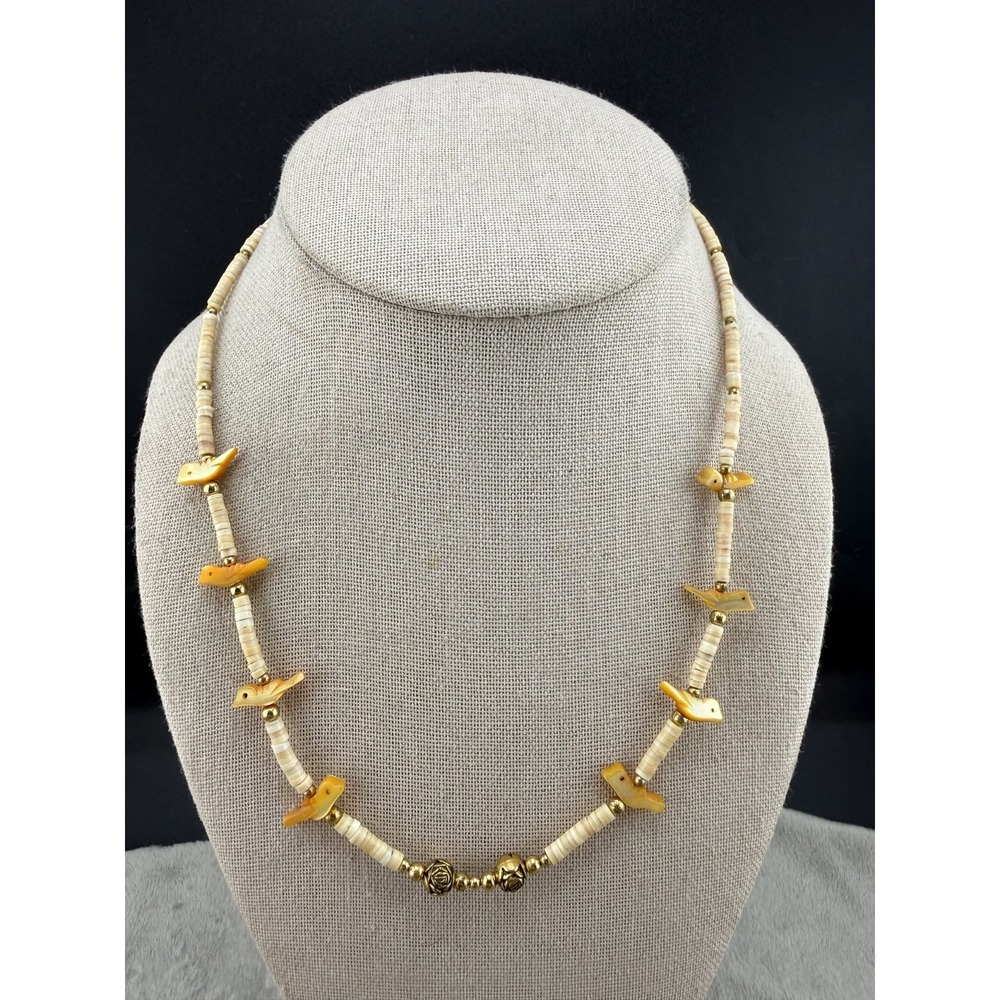 Vintage‎ Estate Fetish Necklace Yellow Bird Heishi Beaded Gold Tone 18" READ